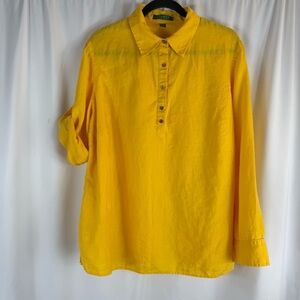 Lauren Ralph Lauren Bright Yellow Button-Up Shirt 100% Linen Size:1X